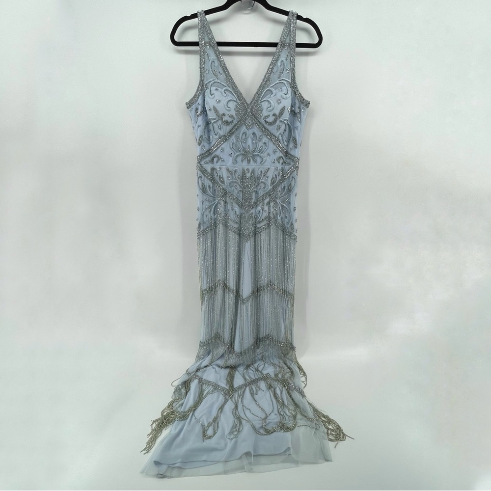 Aidan Mattox Cocktail Dress Blue Embellished Fringe Beads 10